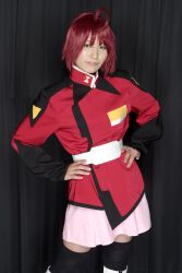  boots cosplay gun gundam gundam_seed gundam_seed_destiny lunamaria_hawke photo red_hair red_hair suzukaze_yuuki thigh-highs thighhighs uniform weapon 