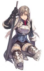  aoin armor black_shorts boots braid brown_eyes brown_hair commentary_request female gloves greaves hair_ornament holding holding_sword holding_weapon long_hair on_one_knee photoshop_(medium) ravness_loxaerion shorts simple_background solo sword tactics_ogre thigh_boots thighhighs twin_braids weapon white_background 