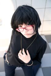  cosplay denim glasses highres hunter_x_hunter jeans naito pants photo shizuku shizuku_(hunter_x_hunter) turtleneck 