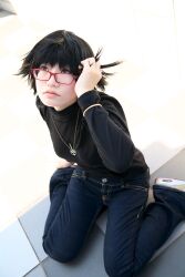  cosplay denim glasses highres hunter_x_hunter jeans naito pants photo shizuku shizuku_(hunter_x_hunter) turtleneck 