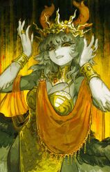  armor breasts colored_sclera commentary crown cyany english_commentary female fingernails grey_hair highres horns imuthar_(cyany) large_breasts long_fingernails long_hair original red_eyes red_shawl scale_armor shawl smile solo standing yellow_background yellow_sclera 