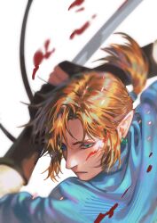  1boy arms_up blonde_hair blood blood_on_clothes blood_on_face blue_eyes blue_tunic brown_gloves closed_mouth earrings expressionless eyelashes fingerless_gloves gloves highres holding holding_sword holding_weapon hoop_earrings jewelry link male_focus piercing pointy_ears ponytail solo sword the_legend_of_zelda the_legend_of_zelda:_breath_of_the_wild tunic upper_body weapon white_background yoauuki 