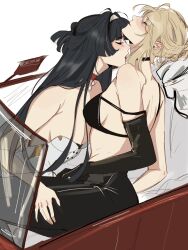  2girls artist_name astra_yao bare_shoulders black_bra black_choker black_gloves black_hair blonde_hair bra breasts car choker closed_eyes commentary convertible elbow_gloves english_commentary evelyn_chevalier gloves hairband half_updo hand_on_another&#039;s_thigh highres kissing kissing_neck motor_vehicle multiple_girls seijousai sideboob sitting underwear white_hairband yuri zenless_zone_zero 