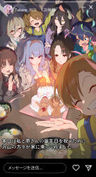  6+girls ^_^ akane_(blue_archive) annotated birthday_cake blowing blue_archive blue_overalls blush breasts cake candle character_request clapping cleavage clenched_hands closed_eyes commentary_request copyright_request crossover demon_horns fake_phone_screenshot fake_screenshot food futami_ami futami_mami ganaha_hibiki grin hara_yumi highres holding holding_party_popper horns idolmaster idolmaster_(classic) instagram instagram_story midnamana multiple_crossover multiple_girls noodles oerba_yun_fang overalls overlord_(maruyama) party_popper ramen real_life same_birthday shijou_takane smile streamers translation_request voice_actor_connection 