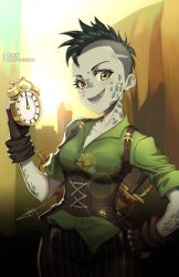  analog_clock brown_gloves character_name clock collared_shirt commentary copyright_name earrings english_commentary eyelashes female fingerless_gloves gloves green_hair green_shirt grin hand_on_own_hip highres holding_clock jewelry lens_flare mohawk nail_polish official_art rwby scar sharp_teeth shirt short_hair signature smile solo spots teeth tock_(rwby) uyalago very_short_hair yellow_eyes 