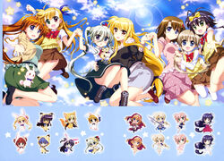  6+girls absurdres ahoge animal_ears animal_hood antenna_hair arm_up armor armored_boots armpits asymmetrical_legwear black_hair black_skirt blonde_hair blue_bow blue_eyes blue_hair blue_ribbon blue_shorts boots bow bowtie breasts brown_hair brown_skirt chantez_apinion cleavage convenient_leg corona_timir einhard_stratos fabia_crozelg fake_animal_ears fate_testarossa fujima_takuya green_eyes grey_hair hair_between_eyes hair_ribbon hairbow hakama hakama_skirt halberd hand_on_another&#039;s_hip hand_on_own_hip heterochromia high_ponytail highres holding holding_hands holding_weapon hood japanese_clothes katana leg_up lens_flare light_brown_hair long_hair looking_at_viewer low-tied_long_hair lyrical_nanoha magical_girl mahou_shoujo_lyrical_nanoha mahou_shoujo_lyrical_nanoha_vivid medium_breasts mikaya_chevelle miura_rinaldi multiple_girls navel oerba_yun_fang official_art one_eye_closed open_mouth outstretched_arm pink_hair pink_shirt pleated_skirt polearm purple_eyes purple_skirt rabbit rabbit_ears rabbit_hood red_bow red_eyes red_hakama ribbon rio_wezley scan school_uniform shirt short_hair shorts skirt smile st._hilde_academy_of_magic_uniform star_(symbol) sword takamachi_nanoha thighhighs twintails two_side_up underboob uneven_legwear viktoria_dahlgrun vivio weapon white_legwear yagami_hayate yellow_bow yumina_enclave zettai_ryouiki 