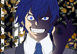  1boy akutoku_no_judgement_(vocaloid) blue_eyes blue_hair cel_shading commentary_request crazy_eyes evil_grin evil_smile evillious_nendaiki gallerian_marlon gold grin highres judge kaito_(vocaloid) male_focus money money_gesture necktie photoshop_(medium) shaded_face smile smirk solo teeth tokudaiji vocaloid wrinkled_skin 