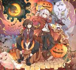  2boys ahoge bad_id bad_pixiv_id bat_(animal) black_hair boots braid candy cardigan cloud coat crescent_moon cross-laced_footwear food fox ghost gloves halloween happy_halloween hat highres hiro_(14806390) honebami_toushirou jack-o&#039;-lantern konnosuke lace-up_boots lollipop male_focus moon multiple_boys namazuo_toushirou ponytail purple_eyes smile swirl_lollipop touken_ranbu white_hair witch_hat 