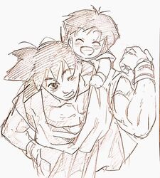  1boy closed_eyes commentary_request dragon_ball dragon_ball_z female fukuko_fuku grandfather_and_granddaughter hug hug_from_behind looking_at_another monochrome one_eye_closed open_mouth pan_(dragon_ball) short_hair simple_background son_goku wristband 