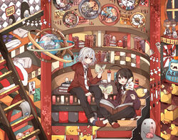  2boys ahoge alternate_eye_color bad_id bad_pixiv_id bed black_hair book bookshelf brown_eyes bunk_bed character_doll clock daruma_doll fox globe highres hirano_toushirou hiro_(14806390) honebami_toushirou hood hoodie indian_style konnosuke ladder maeda_toushirou male_focus multiple_boys namazuo_toushirou open_book open_mouth pillow ponytail sitting slippers smile touken_ranbu white_hair 