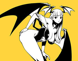  1zu3 bad_id bad_pixiv_id bare_shoulders bat_wings bent_over blunt_bangs breasts cleavage collaboration demon_girl demon_wings female hand_on_own_ass hanging_breasts head_wings high_contrast large_breasts leotard long_hair monochrome morrigan_aensland pantyhose pointy_ears simple_background solo thick_thighs thighs vampire_(game) wings yellow_background 