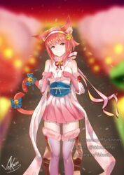  animal_ears blush cat_ears commentary_request female fire_emblem fire_emblem_fates fire_emblem_heroes gloves hair_ornament hairband halloween japanese_clothes kimono looking_at_viewer multiple_tails nekomata pink_hair red_eyes sakura_(fire_emblem) sakura_(halloween)_(fire_emblem) short_hair smile solo tail two_tails vekneim 