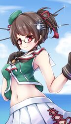  alternate_hairstyle beret black_gloves black_hair choker choukai_(kancolle) choukai_kai_ni_(kancolle) commentary female glasses gloves hat kantai_collection kimi_no_na_wa. midriff ponytail red_eyes shokuane solo 