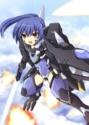  blue_hair commentary_request cross_(crossryou) date_a_live explosion female flying highres holding holding_sword holding_weapon long_hair mecha_musume open_mouth solo sword takamiya_mana weapon yellow_eyes 