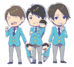  6+boys :&gt; black_hair brothers brown_hair clenched_hands closed_eyes commentary_request cosplay crossed_arms formal fukuyama_jun heart heart_in_mouth index_finger_raised jitome kamiya_hiroshi kichannico male_focus matsuno_choromatsu matsuno_choromatsu_(cosplay) matsuno_ichimatsu matsuno_ichimatsu_(cosplay) matsuno_jyushimatsu matsuno_jyushimatsu_(cosplay) messy_hair mini_person miniboy multiple_boys necktie ono_daisuke osomatsu-kun osomatsu-san osomatsu_(series) photoshop_(medium) real_life siblings simple_background suit swept_bangs voice_actor white_background 