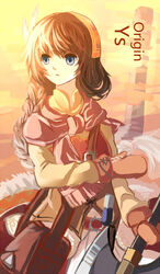  axe blue_eyes brown_hair long_hair scarf weapon ys ys_origin yunica_tovah 