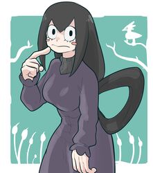  absurdres asui_tsuyu black_eyes blue_background blush_stickers boku_no_hero_academia border breasts cosplay dress female female friend-san green_hair hand_up hex_maniac_(pokemon) hex_maniac_(pokemon)_(cosplay) long_hair long_sleeves looking_at_viewer medium_breasts pokemon pokemon_(game) pokemon_xy purple_dress simple_background solo standing turtleneck turtleneck_dress two-tone_background white_border 