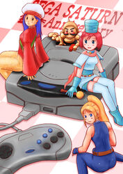  1boy 3girls ass blonde_hair bodysuit chaos_seed:_fuusui_kairouki character_request clockwork_knight:_pepperouchau&#039;s_adventure_-first_volume commentary_request controller crossover dousen fingerless_gloves game_console game_controller gamepad gloves guardian_heroes hat highres kyo_k long_hair mini_person minigirl multiple_crossover multiple_girls nicole_neil ponytail sarah_bryant sega sega_saturn sir_tongara_de_pepperouchau_iii sitting sleeveless virtua_fighter wide_sleeves 