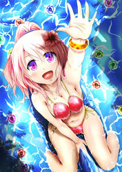  bad_id bad_pixiv_id bikini breasts cleavage detached_sleeves female from_above hair_ornament highres long_hair mayuzumi_makiha medium_breasts navel original photoshop_(medium) pink_hair ponytail purple_eyes red_eyes side-tie_bikini_bottom sitting solo swimsuit wet 