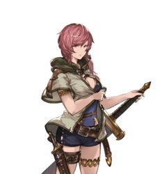  bad_id belt brown_eyes dagger female granblue_fantasy hood hooded_jacket jacket knife leotard long_hair looking_at_viewer minaba_hideo official_art red_hair shorts solo sword thigh_strap transparent_background volenna weapon 