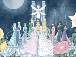  6+girls aino_minako aqua_dress aqua_hair art_nouveau back_bow bishoujo_senshi_sailor_moon bishoujo_senshi_sailor_moon_(first_season) black_dress black_gloves black_hair blonde_hair blue_choker blue_dress blue_hair bow chibi_usa choker closed_eyes commentary_request cone_hair_bun crescent crescent_brooch crescent_facial_mark crescent_necklace dress elbow_gloves facial_mark flower full_body full_moon gloves green_choker green_dress green_hair hair_bun highres hino_rei holding_hands jewelry kaiou_michiru kino_makoto long_dress long_hair luna_(sailor_moon) luna_(sailor_moon)_(human) maria-sama_ga_miteru meiou_setsuna miyagi13 mizuno_ami moon multiple_girls necklace night parody pillar pink_dress pink_hair princess_jupiter princess_mars princess_mercury princess_neptune princess_pluto princess_saturn princess_serenity princess_uranus princess_venus purple_dress purple_gloves purple_hair queen_serenity red_dress red_flower red_rose rose see-through short_hair silver_hair single_hair_bun small_lady_serenity strapless strapless_dress ten&#039;ou_haruka tomoe_hotaru tsukino_usagi twintails very_long_hair very_short_hair white_dress yellow_dress yellow_flower yellow_rose 