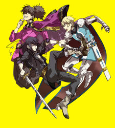  3boys armor bad_id bad_pixiv_id black_hair blonde_hair boots bracelet flynn_scifo grey_footwear grin jewelry knee_boots male_focus multiple_boys photoshop_(medium) ponytail raven_(tales) sakamoto_bin smile surcoat sword tales_of_(series) tales_of_vesperia weapon yellow_background yuri_lowell 