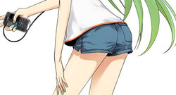  blackberry_ltd couzone female green_hair hatsune_miku highres long_hair lower_body nail_polish photoshop_(medium) short_shorts shorts simple_background solo thighs v very_long_hair vocaloid white_background 