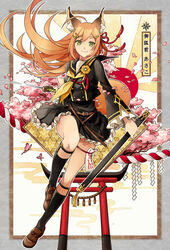  animal_ears bad_id bad_pixiv_id belt black_serafuku black_skirt black_socks blonde_hair bow bug butterfly cherry_blossoms commentary_request female fox_ears fox_girl green_eyes hair_ornament hairbow hairclip highres holding holding_sword holding_weapon katana kneehighs loafers long_hair ofuda petals platinum_(o0baijin0o) rising_sun_flag rope scabbard school_uniform serafuku sheath shide shimenawa shoes skirt smile socks solo sunburst sword tassel thick_eyebrows thigh_strap torii touran-sai unsheathed weapon 