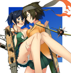  2girls aircraft airplane anti-aircraft_gun arrow_(projectile) b5n bad_id bad_pixiv_id black_hair blue_eyes breasts brown_eyes brown_hair burnt_clothes carrying damaged flight_deck gloves hachimaki hakama hakama_short_skirt hakama_skirt headband highres hiryuu_(kancolle) hiryuu_kai_ni_(kancolle) japanese_clothes kantai_collection large_breasts multiple_girls open_mouth panties pantyshot partially_fingerless_gloves princess_carry quiver radio_antenna ribbon sanhon short_hair side_ponytail single_glove skirt smile souryuu_(kancolle) souryuu_kai_ni_(kancolle) tears torn_clothes torpedo twintails underwear white_panties yugake 