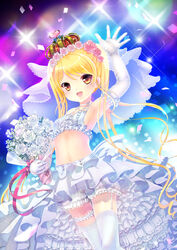  :d absurdres anklet arm_up blonde_hair bloomers bouquet breasts commentary_request crown dress elbow_gloves female flower frills garter_straps girlfriend_(kari) gloves hakuyou_yuki highres jewelry open_mouth photoshop_(medium) ribbon rose sideboob small_breasts smile solo sparkle thighhighs tokitani_koruri twintails underwear waving wedding_dress white_flower white_gloves white_rose zettai_ryouiki 