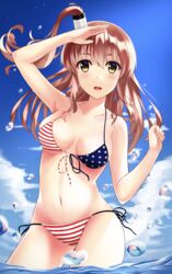  american_flag american_flag_bikini american_flag_print bad_id bad_pixiv_id bare_shoulders bikini blue_sky breasts brown_eyes brown_hair cleavage cloud collarbone day female flag_print front-tie_top hand_on_forehead high_side_ponytail highres kantai_collection long_hair looking_at_viewer medium_breasts misaki_kurehito_(style) navel open_mouth print_bikini rko_(a470350510) saratoga_(kancolle) shading_eyes side-tie_bikini_bottom skindentation sky solo string_bikini swimsuit wading water_drop 