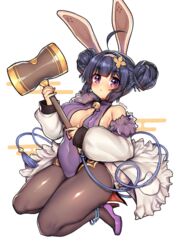  ahoge animal_ears anklet azur_lane bad_id bad_pixiv_id bare_shoulders blush breasts closed_mouth covered_navel double_bun female full_body grey_pantyhose hair_bun hair_ornament hairband hammer high_heels jewelry large_breasts legs_together leotard looking_at_viewer ning_hai_(azur_lane) ning_hai_(moon_palace_rabbit)_(azur_lane) official_alternate_costume osiimi pantyhose purple_eyes purple_footwear purple_hair purple_leotard rabbit_ears short_hair solo tassel twitter_username 