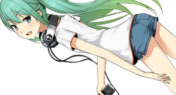  blackberry_ltd casual cellphone couzone dutch_angle female green_hair hatsune_miku headphones highres long_hair long_legs phone photoshop_(medium) shorts simple_background solo twintails vocaloid white_background 