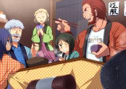  2girls 3boys beard blonde_hair blush child_assassin_(fate/zero) commentary_request dark_skin eating facial_hair fate/zero fate_(series) glen_mackenzie green_eyes green_hair iskandar_(fate) kagami_mochi kotatsu marimo_danshaku martha_mackenzie multiple_boys multiple_girls old old_man old_woman purple_eyes purple_hair red_eyes red_hair short_hair table waver_velvet white_hair 