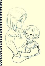  2girls android_18 carrying closed_eyes commentary_request dragon_ball dragon_ball_super dragon_ball_z fukuko_fuku lolicon marron_(dragon_ball) monochrome mother_and_daughter multiple_girls notebook open_mouth short_hair simple_background smile traditional_media 