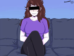  1girls 2021 big_breasts black_pants blush blushing_at_viewer censor_bar censored couch female_only front_view fully_clothed hikikomori indoors jaiden jaiden_animations long_hair shirt signature sitting solo solo_female solo_focus youtube 