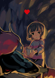  2015 androgynous artist_name blue_skin brown_eyes brown_hair colored_skin commentary cup female frisk_(undertale) heart holding holding_cup juby monster_girl red_hair seiza shirt shorts sitting striped_clothes striped_shirt undertale undyne unusually_open_eyes 