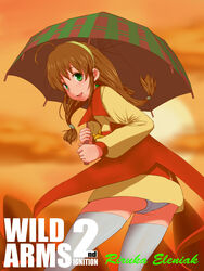  ahoge blush brown_hair cape coat commentary_request female green_eyes hair_ornament hairband hexagram highres lilka_eleniak long_hair low-tied_long_hair open_mouth panties pantyshot plaid_umbrella raseruta sidelocks skirt smile solo standing thighhighs twintails umbrella underwear upskirt white_thighhighs wild_arms wild_arms_2 yellow_hairband 