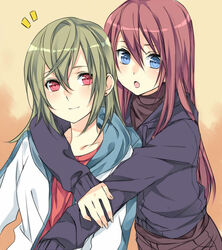  2girls :o commentary_request hug hug_from_behind multiple_girls mylovelydevil open_mouth original red_hair 