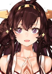  :d ahoge breasts brown_hair cleavage close-up collarbone colored_eyelashes commentary_request detached_sleeves double_bun female hair_bun highres japanese_clothes kantai_collection kongou_(kancolle) leung_ka_che long_hair looking_at_viewer medium_breasts nontraditional_miko open_mouth own_hands_together purple_eyes smile solo sparkle 