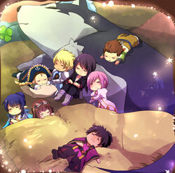  4boys 4girls black_hair blonde_hair blue_hair brown_hair chibi closed_eyes commentary_request estellise_sidos_heurassein flynn_scifo goggles goggles_on_head hat judith_(tales) karol_capel multiple_boys multiple_girls nishikawa_(fe) patty_fleur pink_hair pointy_ears raven_(tales) repede_(tales) rita_mordio short_hair sleeping tales_of_(series) tales_of_vesperia yuri_lowell 