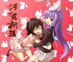  2girls animal_ears blazer bloomers brown_hair carrot commentary_request highres inaba_tewi jacket long_hair multiple_girls purple_hair rabbit_ears rabbit_girl rabbit_tail red_eyes reisen_udongein_inaba short_hair tail touhou underwear zhao_shuwen 