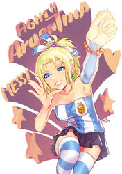  2014_fifa_world_cup 7h2o argentina argentinian_flag argentinian_flag_print asociacion_de_futbol_argentina bad_id bad_pixiv_id blonde_hair blue_eyes blue_shirt bracelet chinese_commentary commentary_request dated earrings english_text female final_fantasy final_fantasy_vi flag_print grin heart jewelry makeup mascara miniskirt nail_polish photoshop_(medium) ponytail pun shirt skirt smile soccer_uniform solo sportswear star_(symbol) striped_clothes striped_shirt striped_thighhighs tank_top terra_branford thighhighs vertical-striped_clothes vertical-striped_shirt white_shirt world_cup zettai_ryouiki 