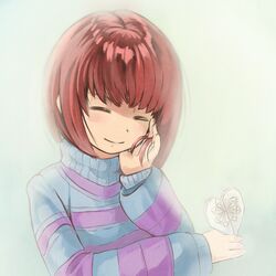  1other ^_^ androgynous brown_hair closed_eyes commentary drawn_flower frisk_(undertale) hand_in_own_hair hand_on_own_cheek hand_on_own_face heart long_sleeves saturnspace smile solo striped_clothes striped_sweater sweater turtleneck undertale upper_body 