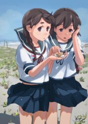  black_hair blue_neckwear blue_ribbon blue_sailor_collar blue_skirt braid brown_eyes cowboy_shot isonami_(kantai_collection) kantai_collection long_hair makio_(makiomeigenbot) multiple_girls neck_ribbon pleated_skirt red_ribbon ribbon sailor_collar school_uniform seashell serafuku shell sidelocks single_braid skirt twin_braids uranami_(kantai_collection) 