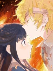  1boy aya_drevis bandages black_eyes black_hair blonde_hair blood blood_on_clothes blush closed_eyes collared_shirt commentary_request couple female fire indesign kissing kissing_forehead mad_father robin_(mad_father) shirt sidelocks spoilers straight 