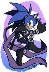  1boy animal artist_name cosplay crossover full_body furry furry_male ladygt93 name_connection one-punch_man onsoku_no_sonic onsoku_no_sonic_(cosplay) photoshop_(medium) profile scarf sonic_(series) sonic_the_hedgehog thumbs_up 