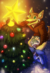  anthro bottomwear canid canine canis carrying_another christmas christmas_bauble christmas_decorations christmas_lights christmas_ornament christmas_star christmas_tree christmas_tree_topper clothed clothing conditional_dnp coyote duo fenra fully_clothed fur glowing green_eyes high-angle_view hindpaw holidays hoodie horn kasirith_winterbourne lights male mammal northern_ice_fenra nude on_shoulders ornament outside pants paws plant scar sebastian_(kasirith) sefeiren snow star tail teamwork topwear tree winter wood 