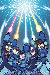  5boys android arm_cannon beam capcom epic helmet hoshikawa_subaru hoshikawa_subaru_(rockman) kylee_henke male_focus multiple_boys multiple_persona nintendo rock_volnutt rockman rockman_(character) rockman_(classic) rockman_dash rockman_exe rockman_exe_(character) rockman_x ryuusei_no_rockman spiked_hair super_smash_bros. visor weapon x_(rockman) 