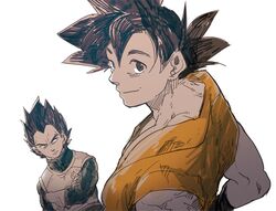  2boys armor black_eyes black_hair commentary_request crossed_arms dougi dragon_ball dragon_ball_super dragon_ball_z fukuko_fuku gloves hand_on_own_hip looking_at_viewer looking_away male_focus multiple_boys saiyan_armor serious short_hair simple_background smile son_goku spiked_hair vegeta white_background 